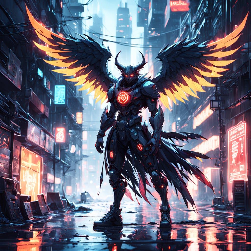 Glowing Demon Rises from Rainy City Streets in Neon Noir Sty...