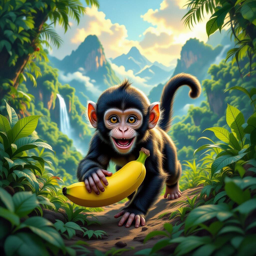 Playful Monkey Chasing Banana in Vibrant Jungle