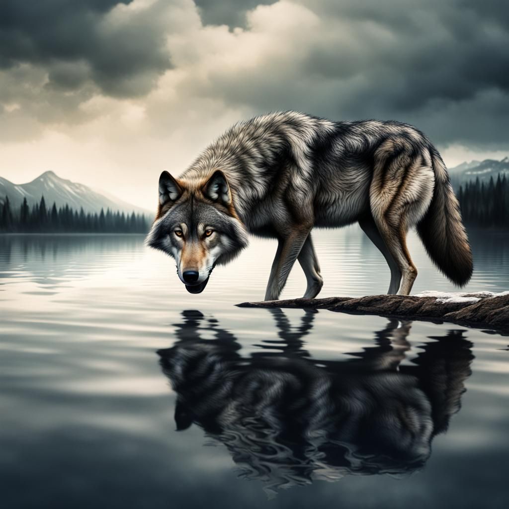 Hyperrealistic Wolf on a Lake in Detailed Matte Painting