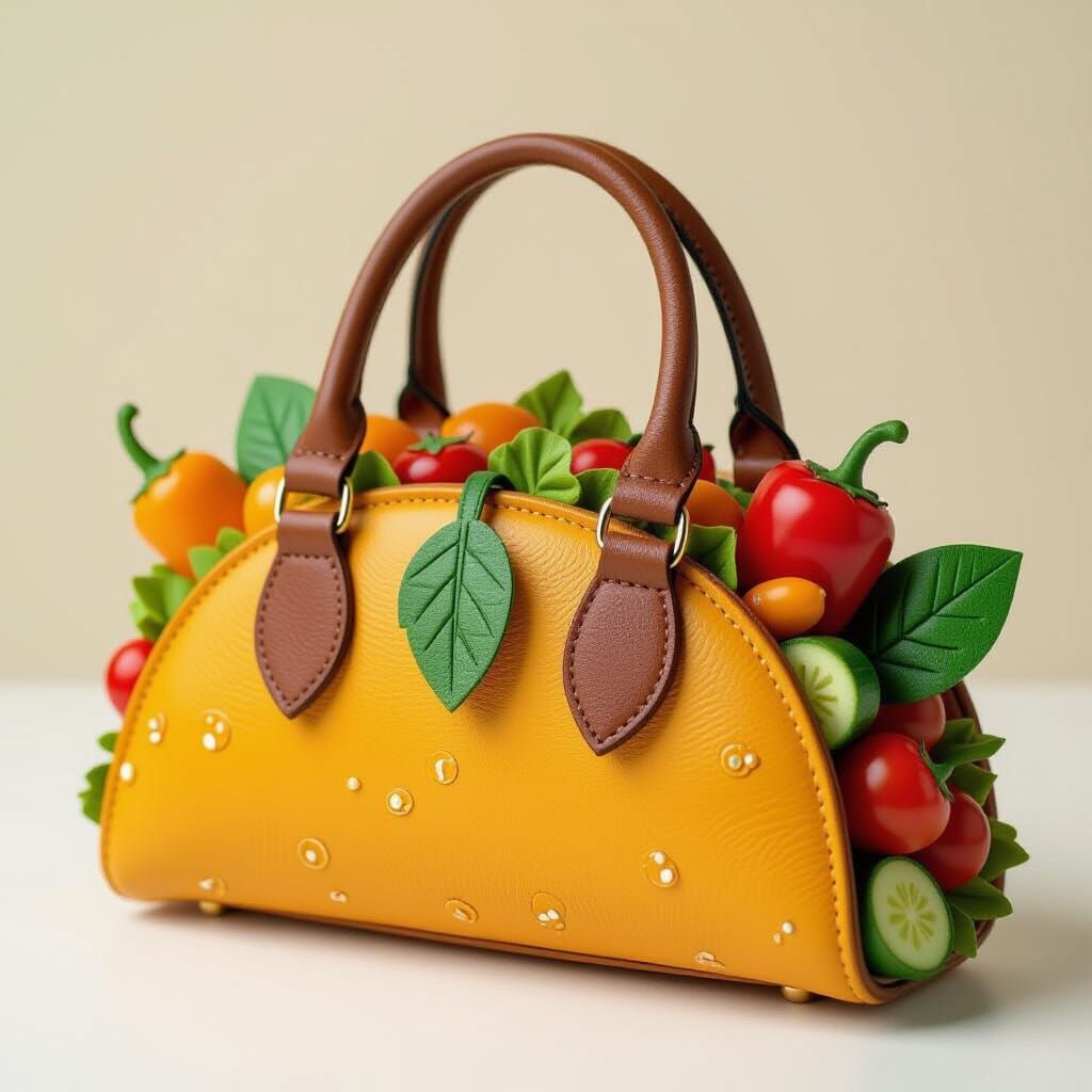 Taco Handbag with Leather Leaves and Vegetables