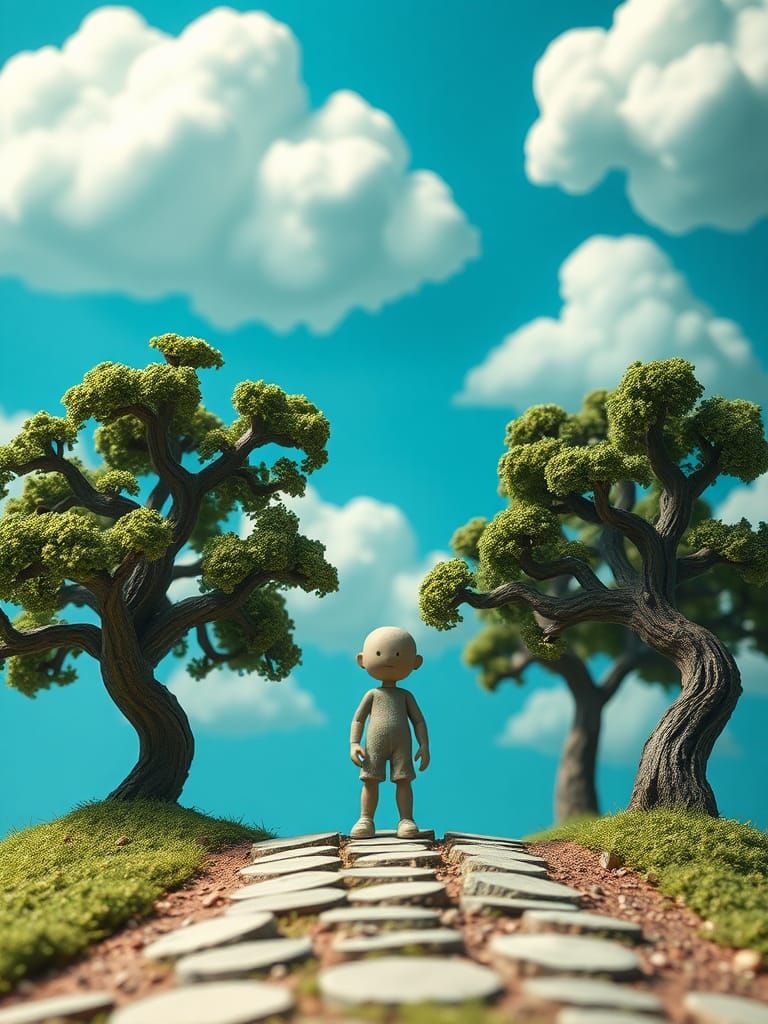 Clay Character at Crossroads in Animated Fantasy Style