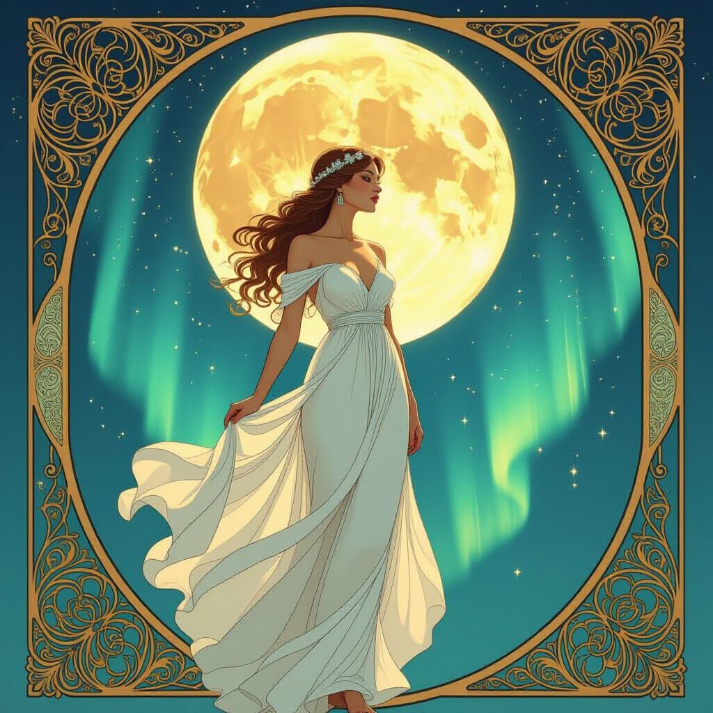Woman Between Sun and Moon with Aurora in Art Nouveau Style