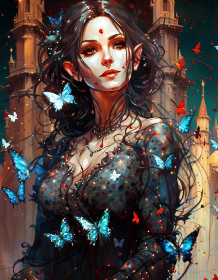 Gothic Anime Woman with Castle in Volumetric Lighting