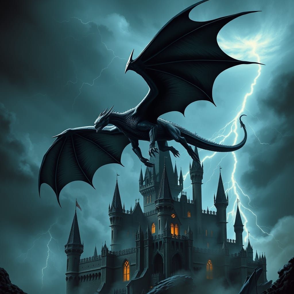Majestic Four-Legged Black Dragon Soars Above Gothic Castle ...
