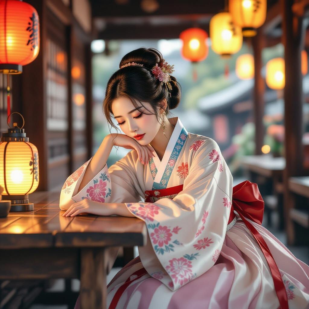 Korean Woman in Hanbok Resting, Concept Art Style
