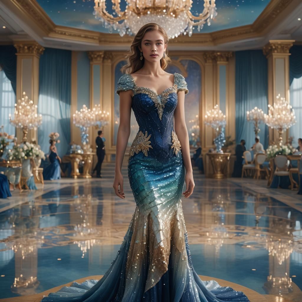 Elegant Woman in Ballroom Wearing Mermaid Gown