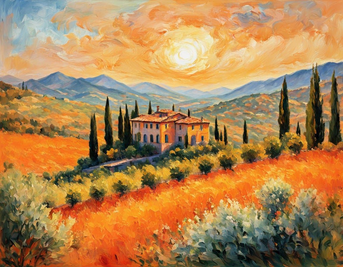 Tuscan Villa Landscape in Monet's Impressionist Style