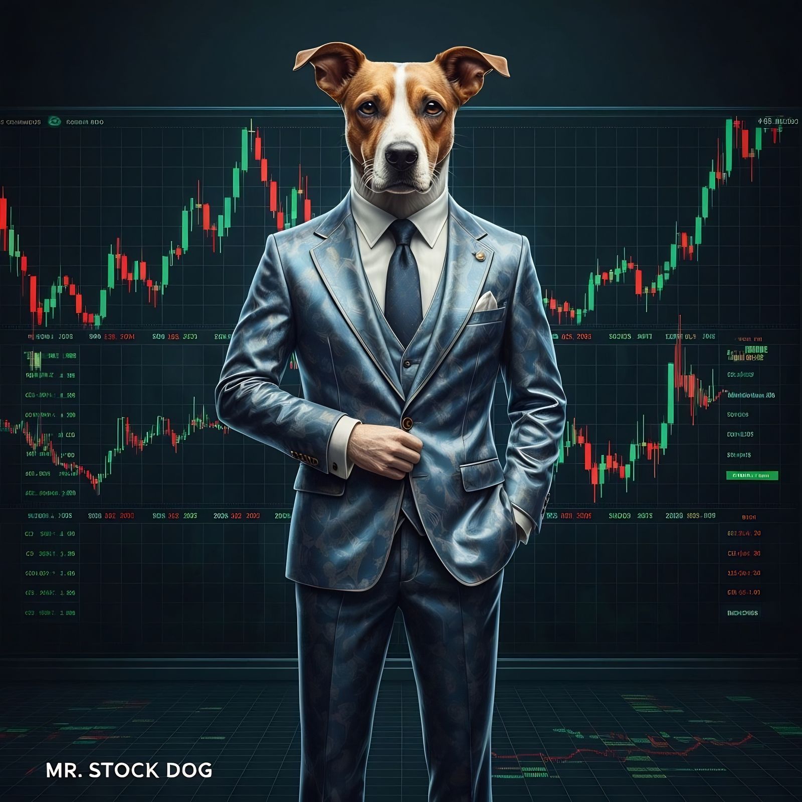 Dog in Silk Suit Before Stock Market, Detailed Digital Art