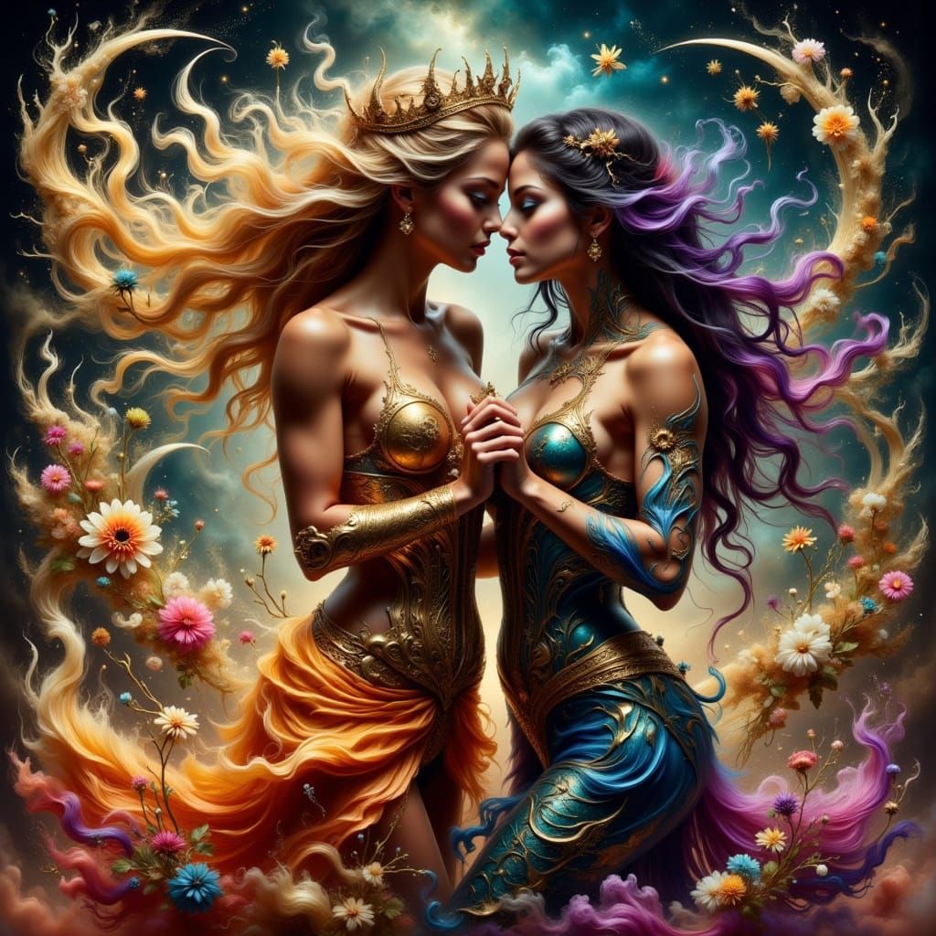 Ethereal Goddesses Dance Amidst Celestial Chaos