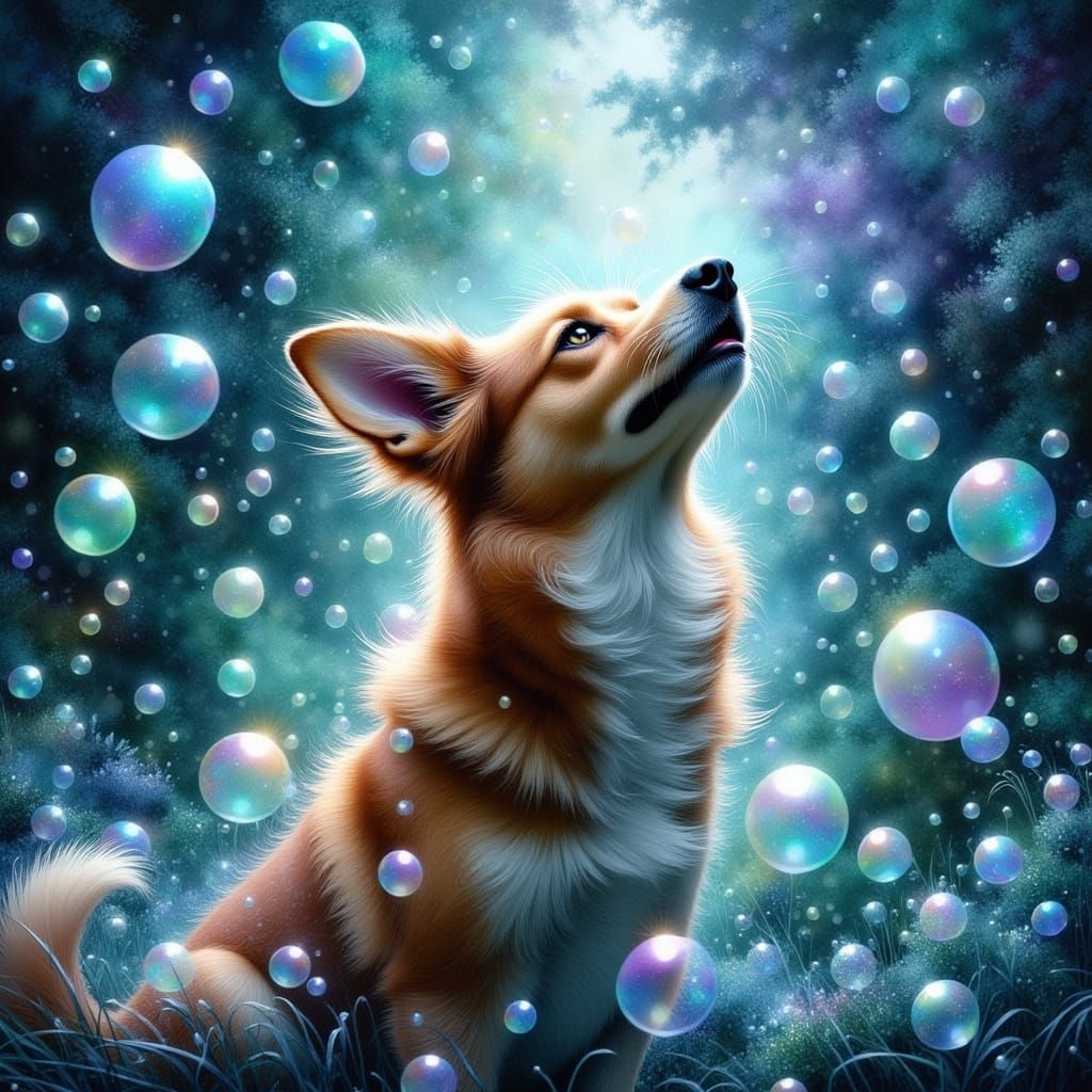 Iridescent Bubbles Float and Land on a Dog's Nose