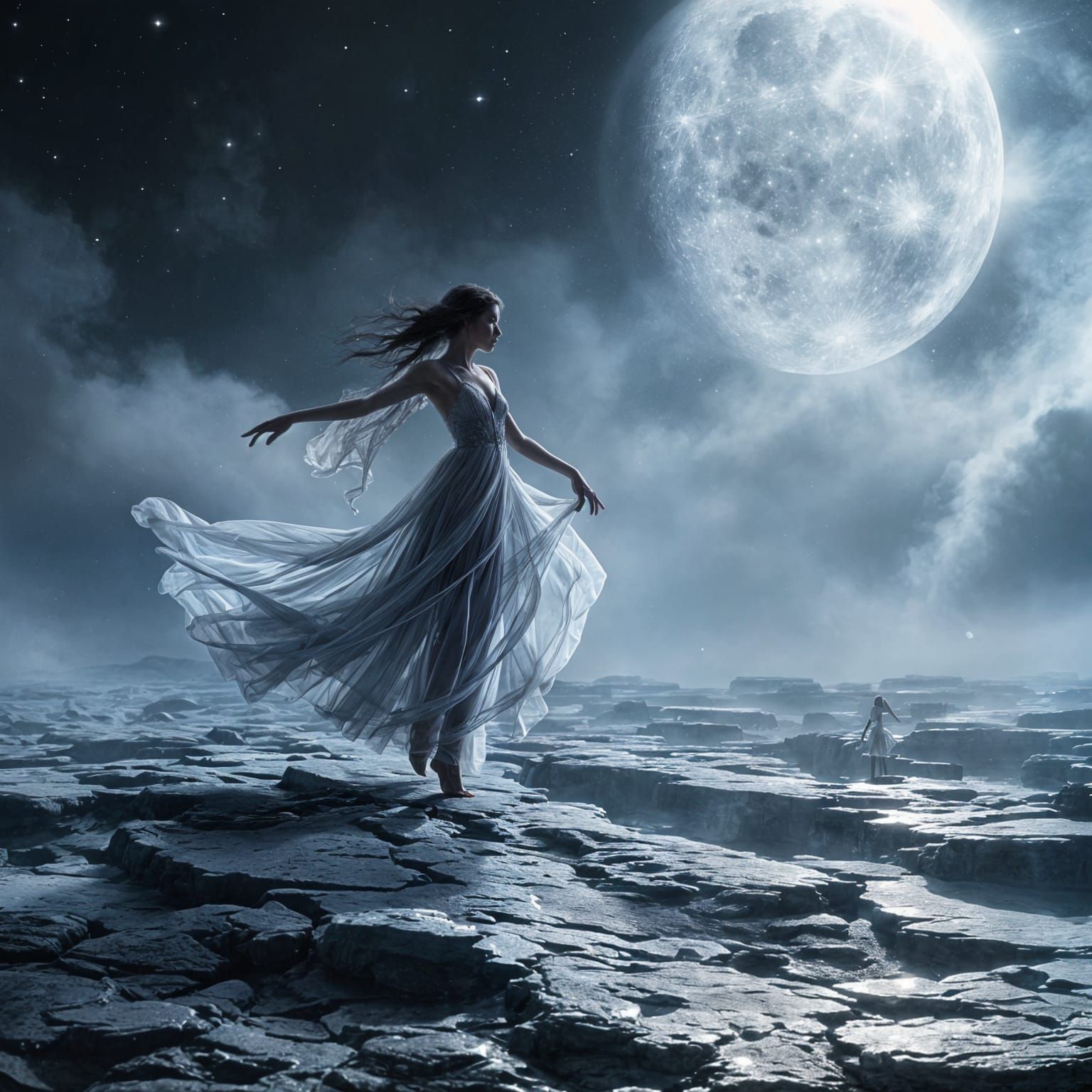 Dancer Above Fractured Moon in Ambient Surrealism