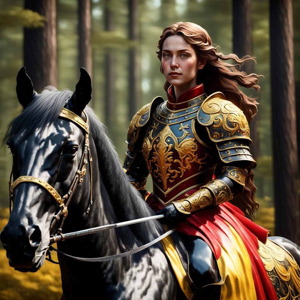 Renaissance Maiden Rides Through Pine Forest