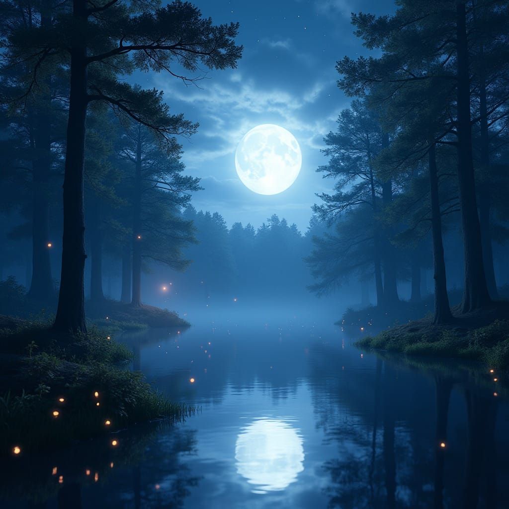 Mystical Moonlit Forest Scene in Soft Silver Light