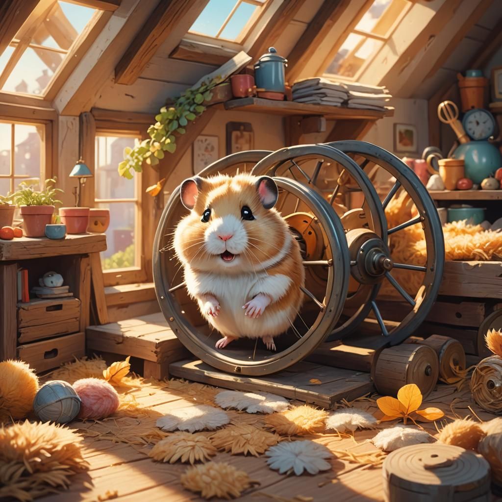 Chubby Hamster Runs on Wheel: Children's Book Illustration