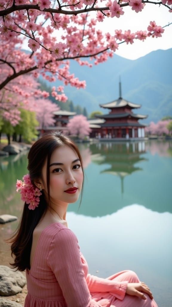 Woman Under Sakura Tree: Hyperrealistic Japanese Scene