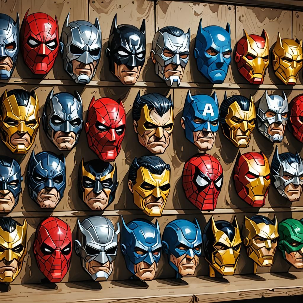 Hero Masks on a Shelf in Comic Book Style