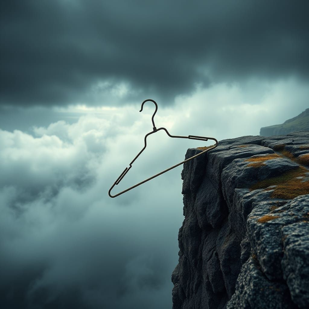Coat Hanger on Cliff Edge: Photorealistic Digital Art