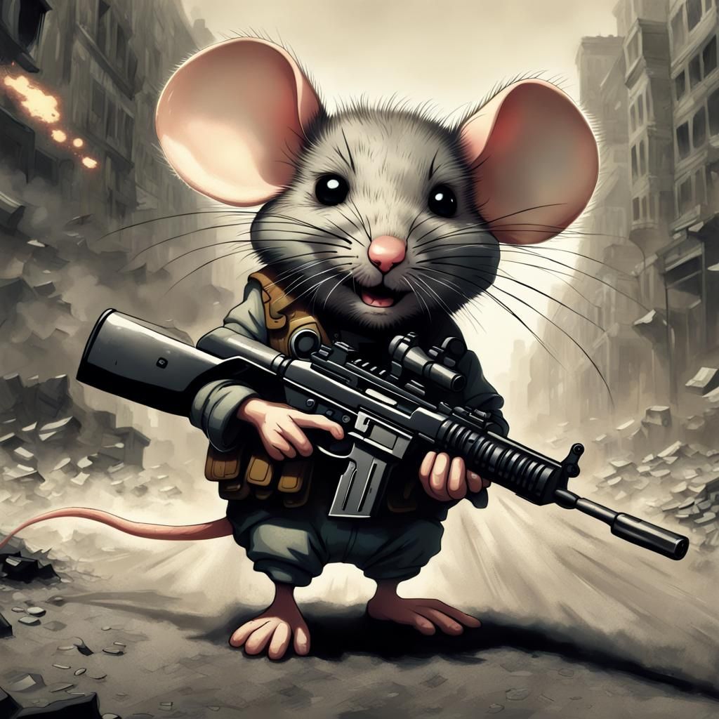 Mouse with Machine Gun in Apocalyptic City