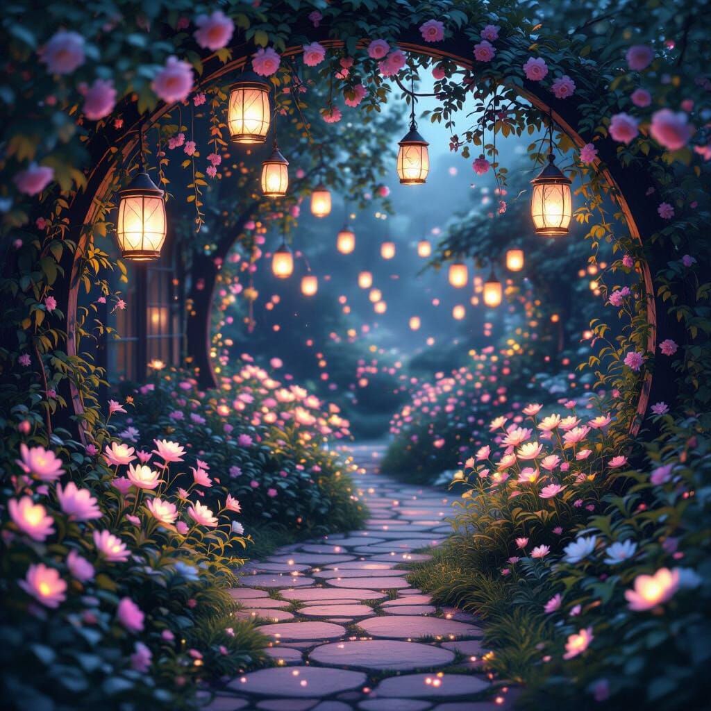 Dreamy Magical Garden with Floating Lanterns