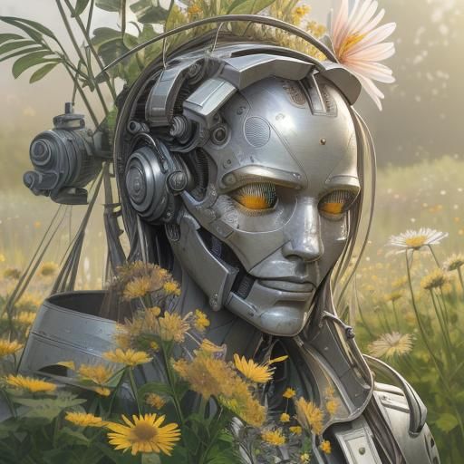 Cyborg Gardener Weaving Wildflowers in Soft Light