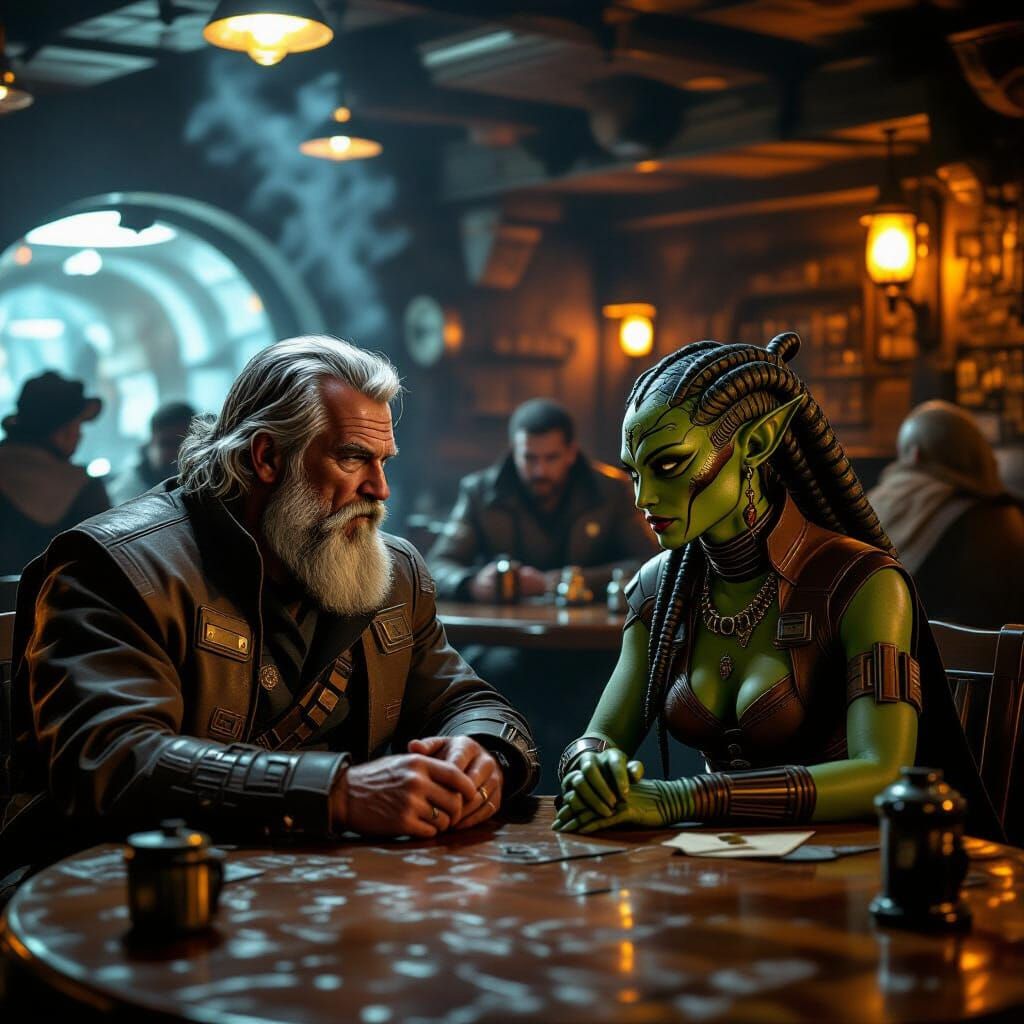 Smoky Cantina Heist with Spice Smuggler in Cinematic Style