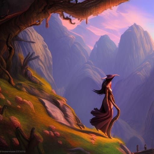 Witchy Woman in Mountains: Detailed Matte Painting