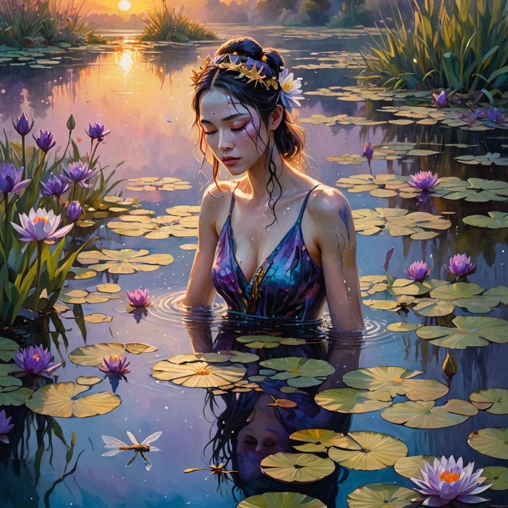Pond Scene with Woman, Water Lilies and Sunset