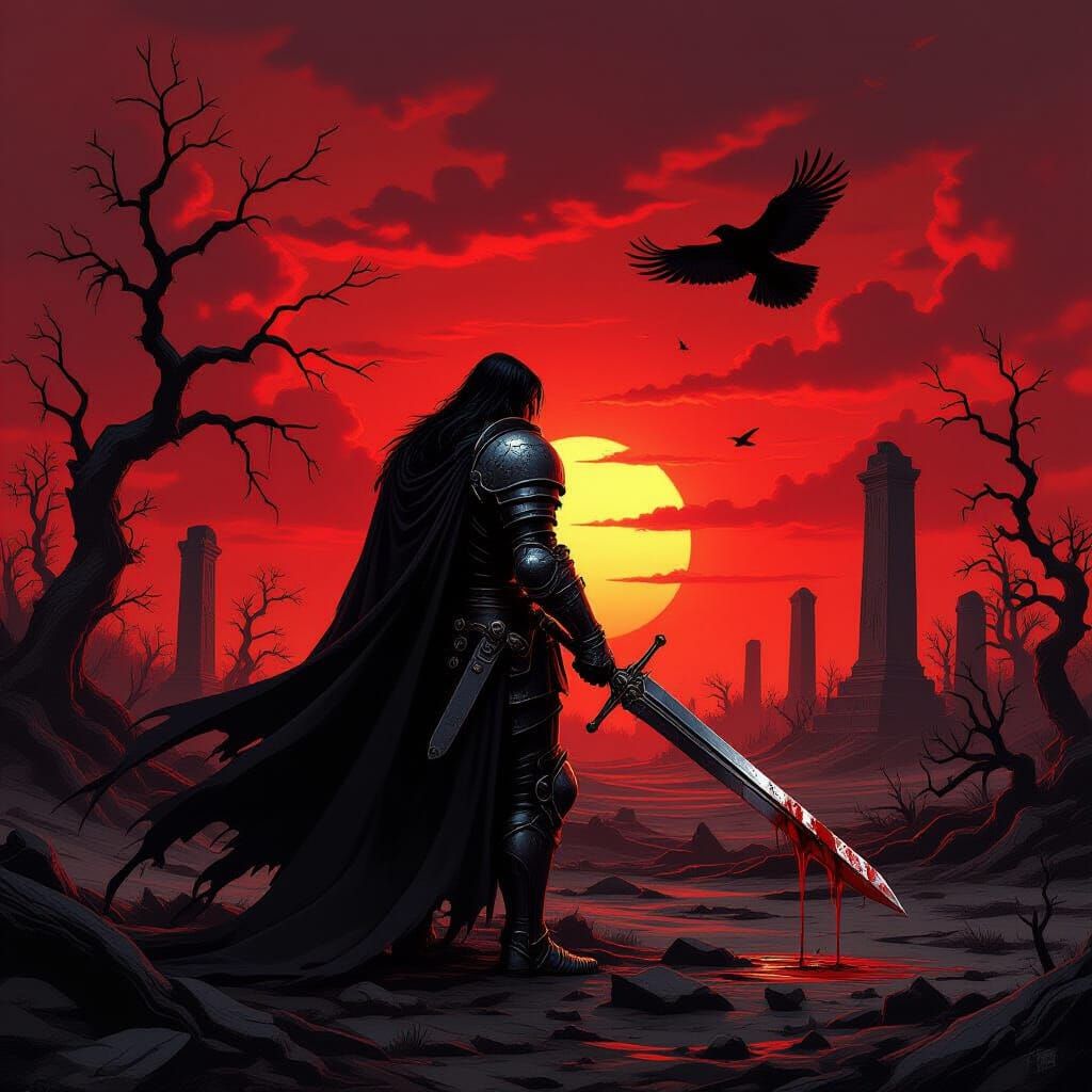 Knight in Dark Fantasy Landscape with Raven