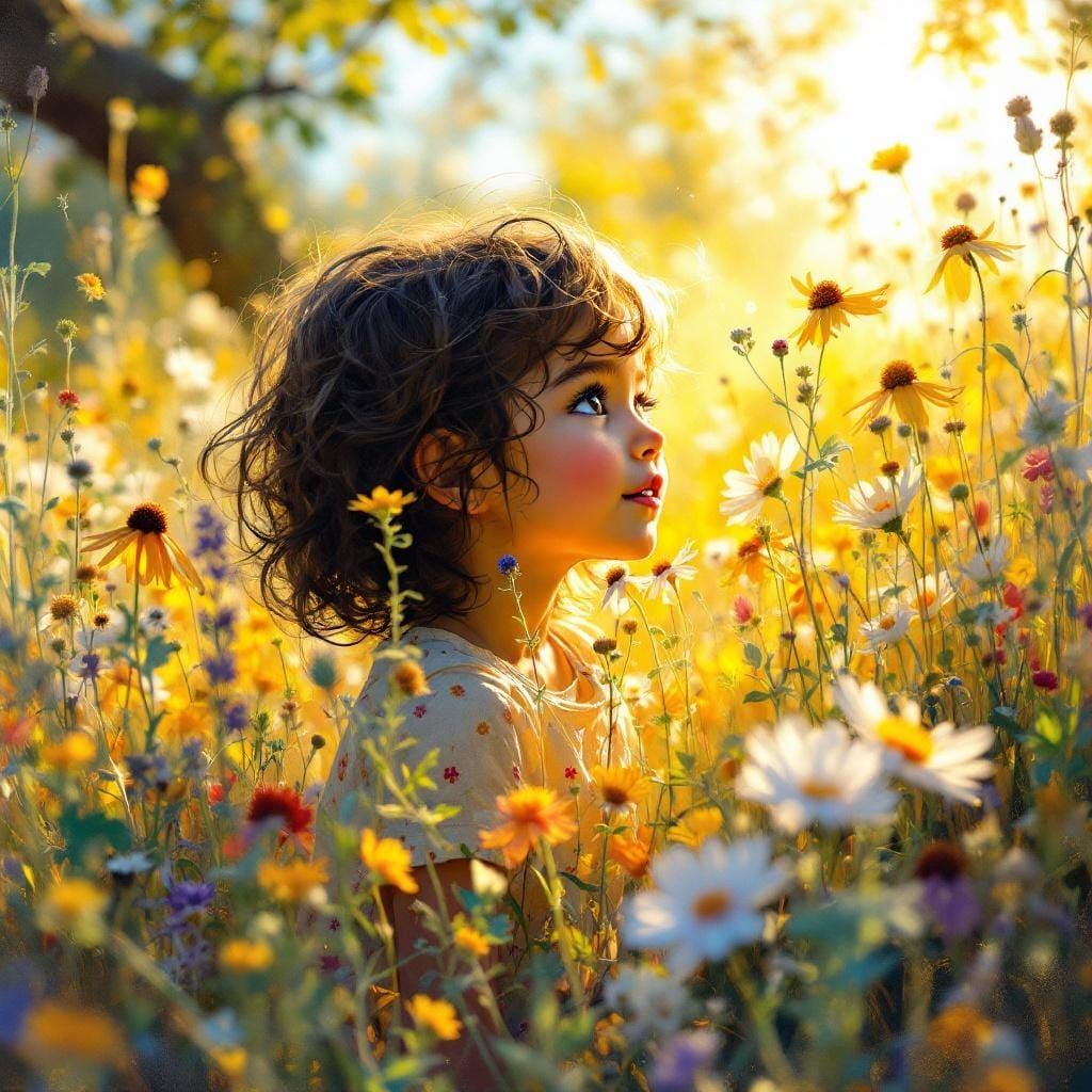 Child in Sunlit Meadow: Impressionist-Inspired Hyperrealism