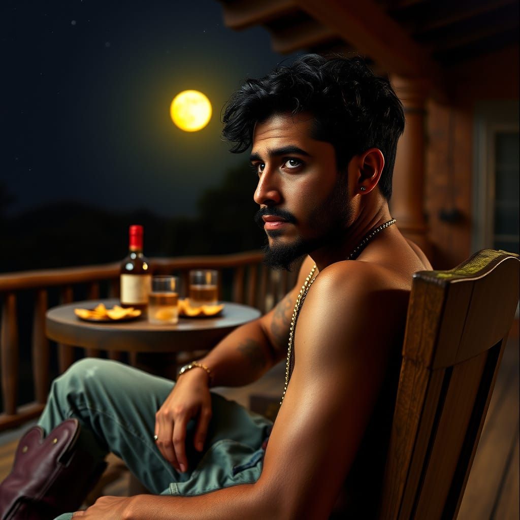 Mexican Man on Veranda Under Starry Sky