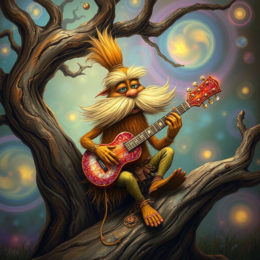 Surreal Lorax Strumming Guitar in Dreamlike Forest