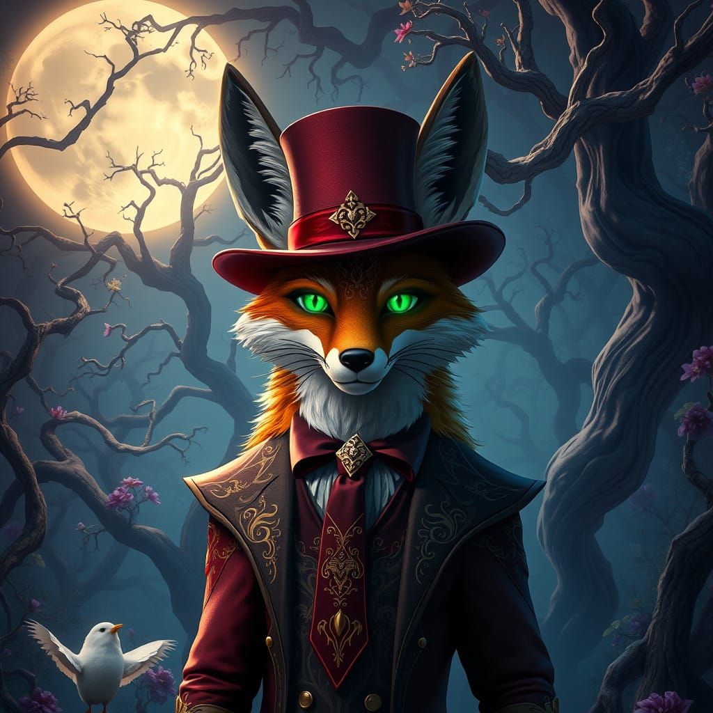 Majestic Fox in Top Hat and Tie Stands Confidently in Moonli...