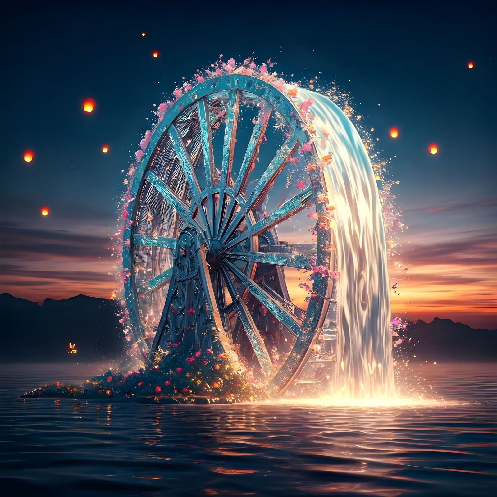 Dreamlike Waterwheel in Enchanted Twilight