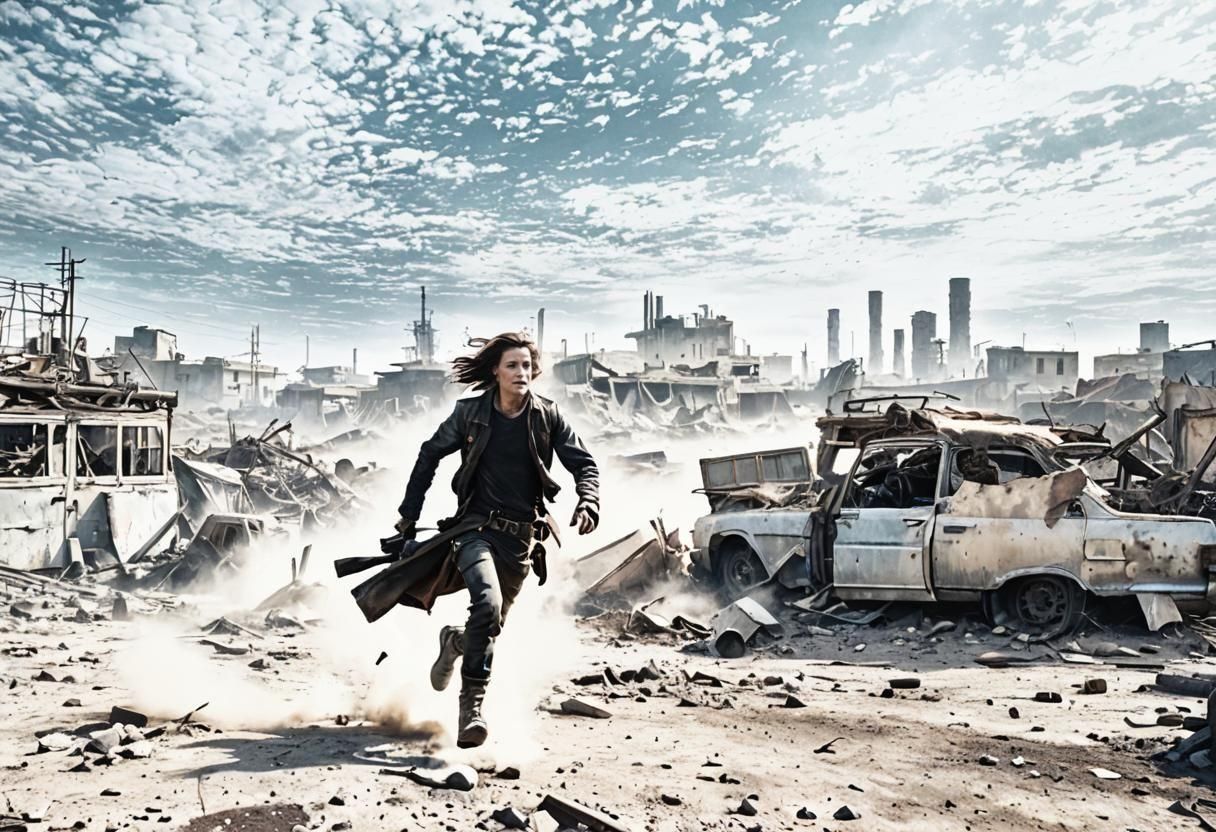 Figure Running Through Dust and Debris