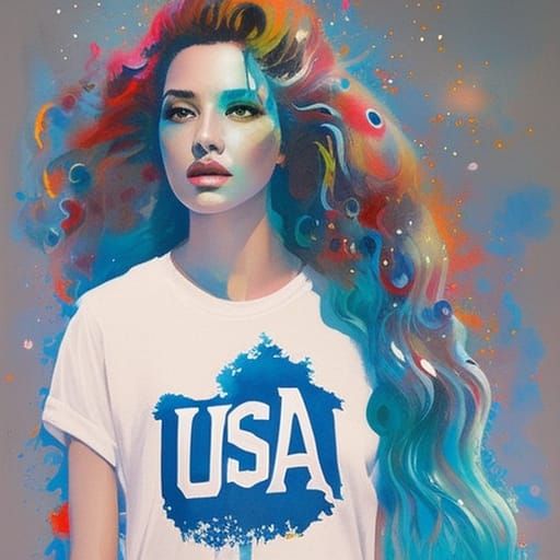 Girl with Blue Hair and USA Shirt, Detailed Digital Art