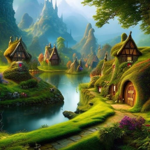 Enchanted Hobbit Village with Waterfalls and Floating Island...