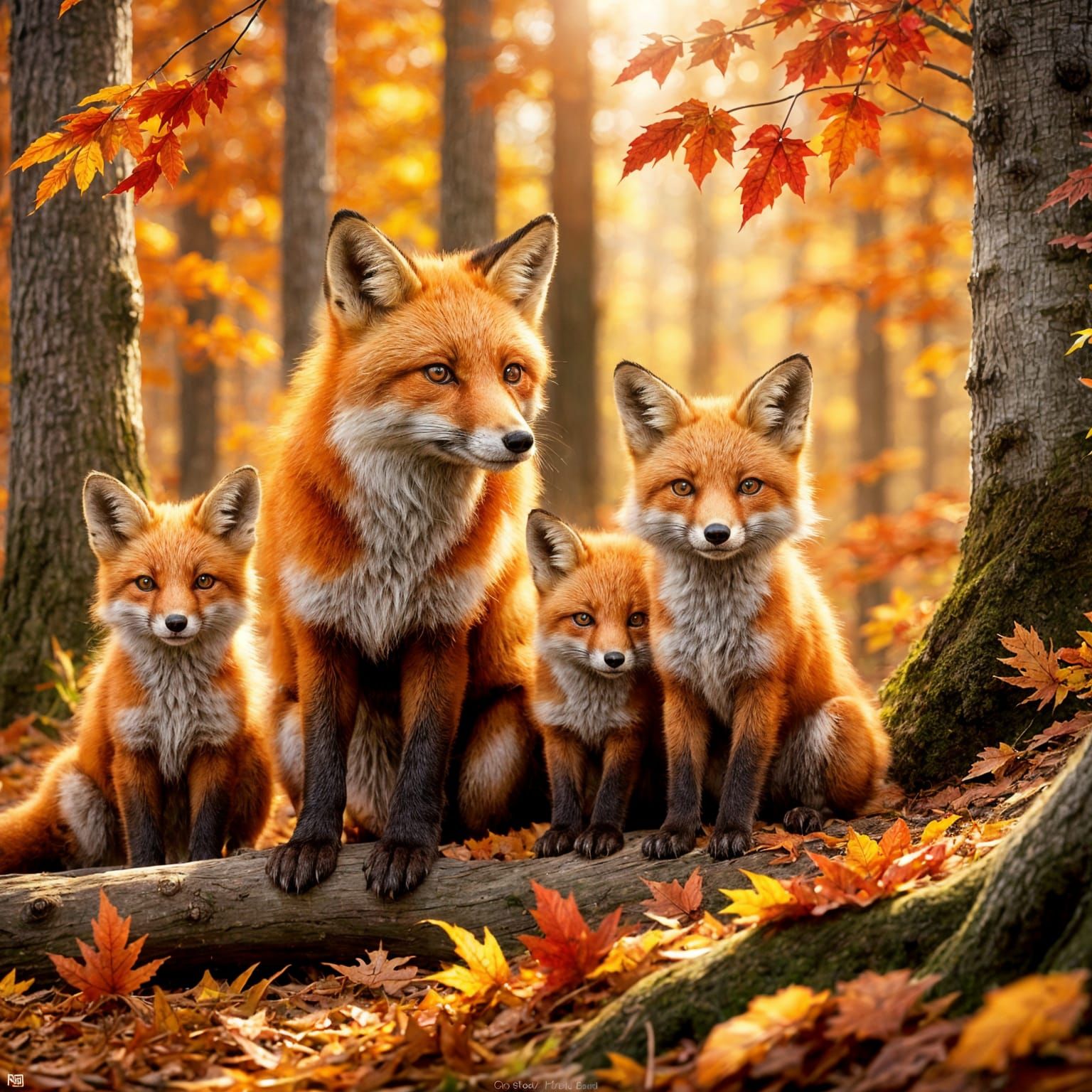 Red Fox Family in Autumn: Hyperrealistic Splash Art