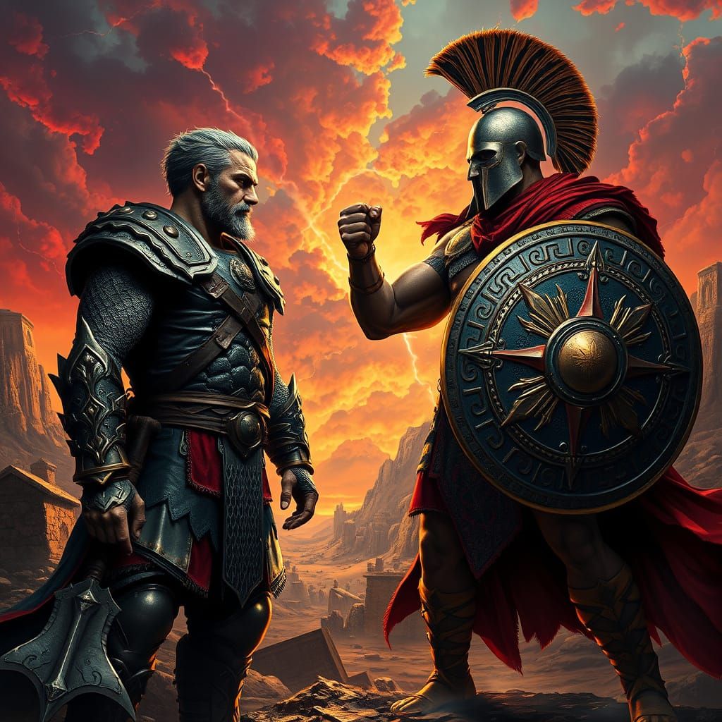 Epic Clash of Legendary Warriors in a Crimson-Hued Ancient L...