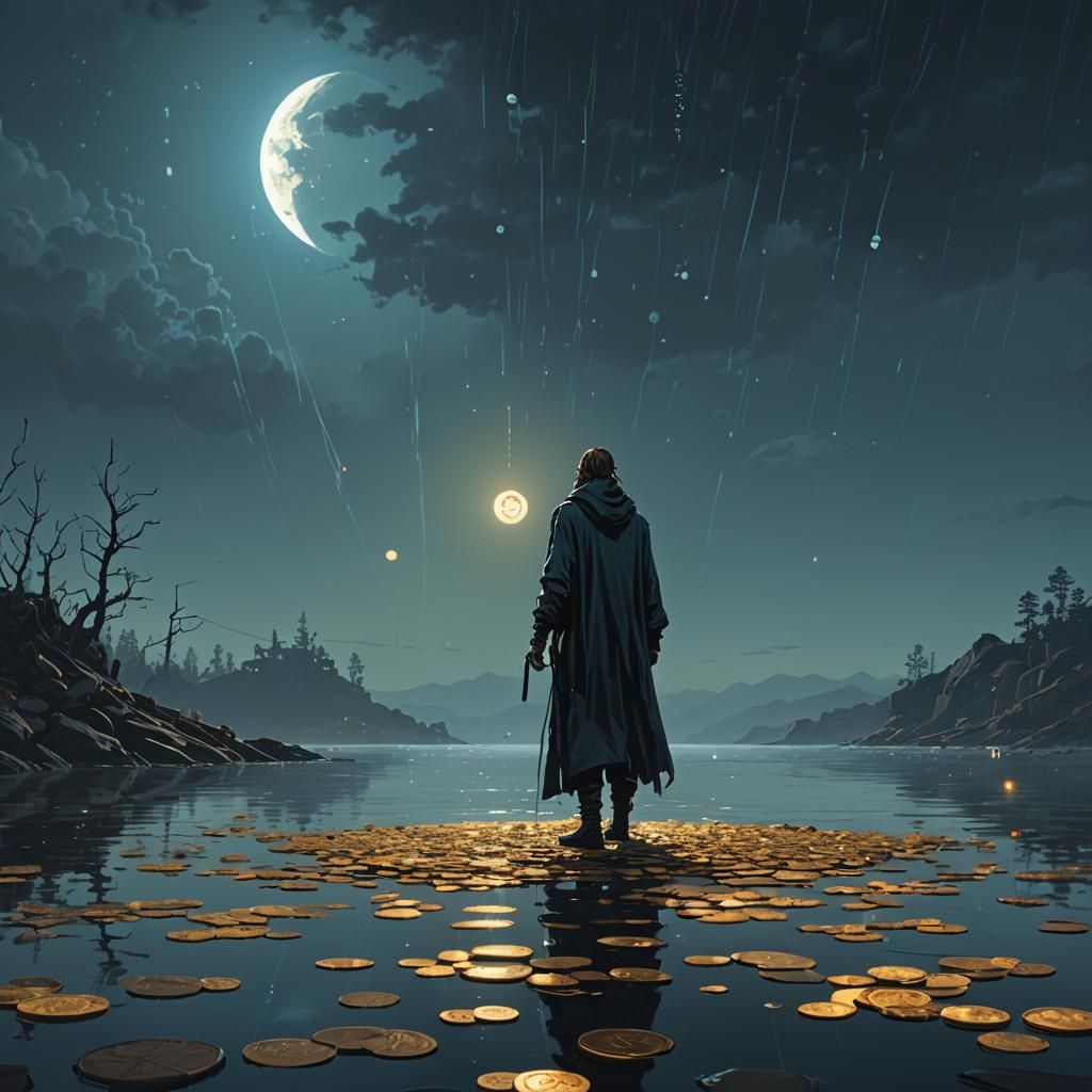 Ethereal Entity Scattering Dark Coins on Sea