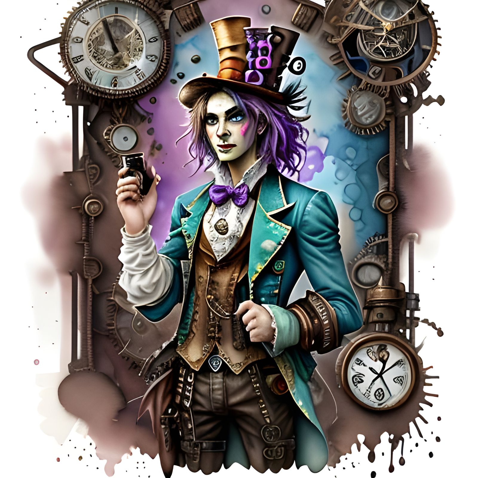 Steampunk Mad Hatter in Wonderland: Graffiti Watercolor