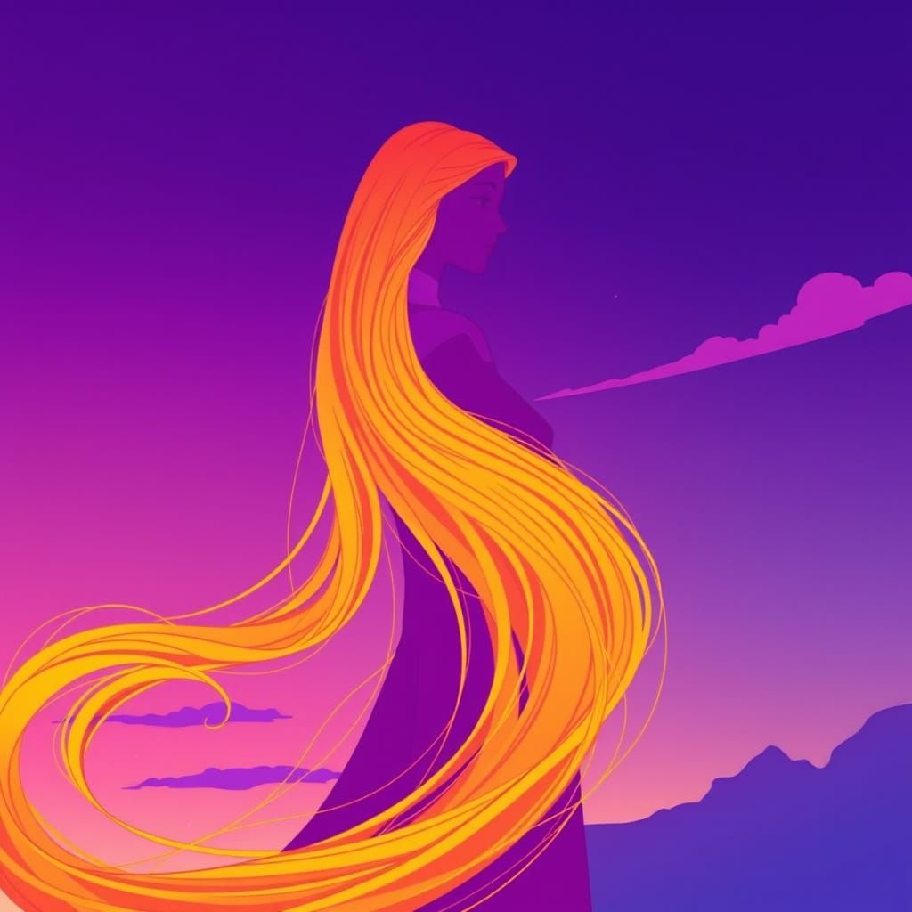 Golden Hair Princess Against Vibrant Sunset Sky