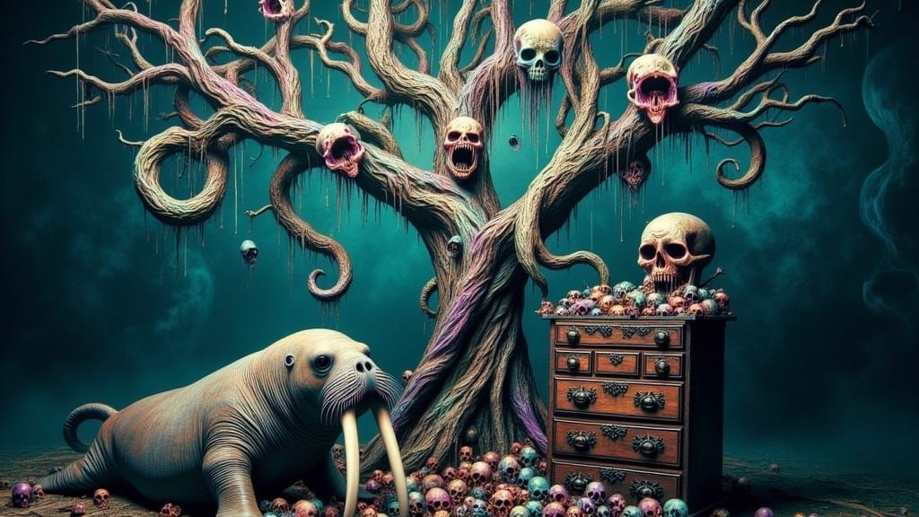 Twisted Tree of Cosmic Horror in Vibrant, Dreamlike Colors