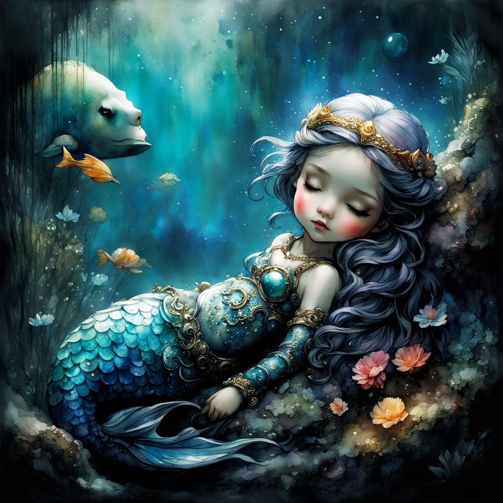 Sleeping Mermaid in Dreamy Watercolor Art