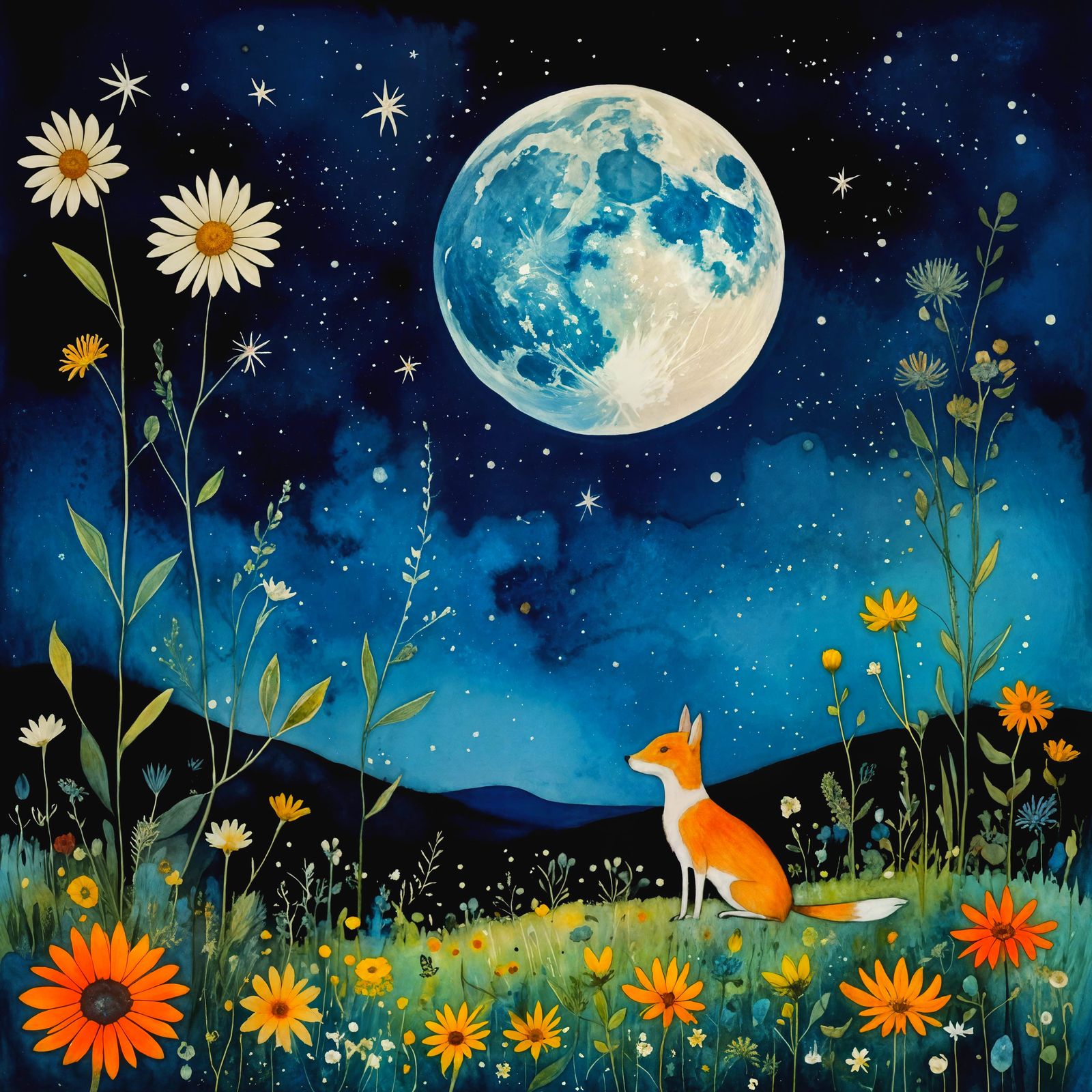 Celestial Midnight Botanical Flora in Aquarelle Style