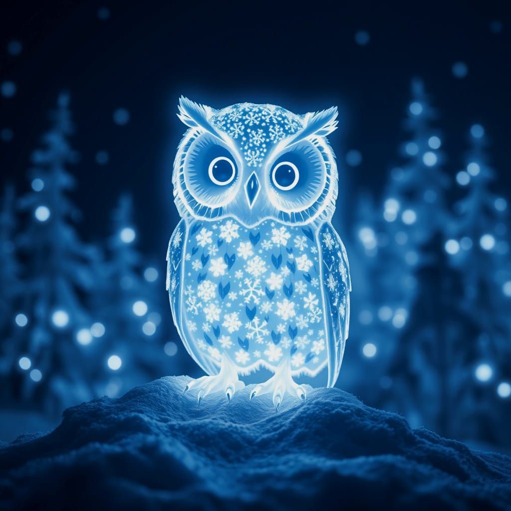 Glowing Snowy Owl Hologram in Winter Forest