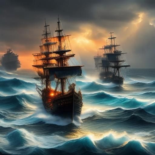 Pirate Ship in Stormy Seas: Romantic Maritime Art
