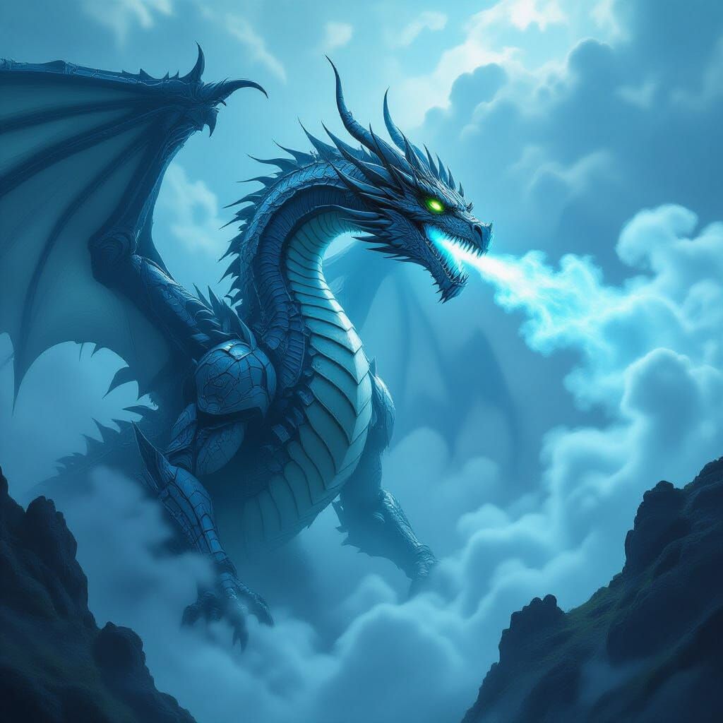 Colossal Mechanical Dragon Exhales Luminescent Mist