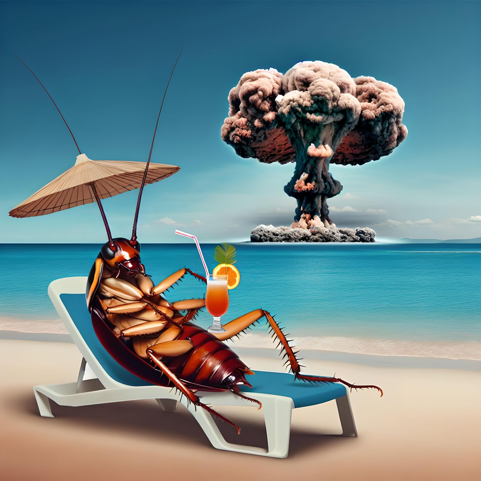 Humorous Beach Scene with Relaxed Cockroach