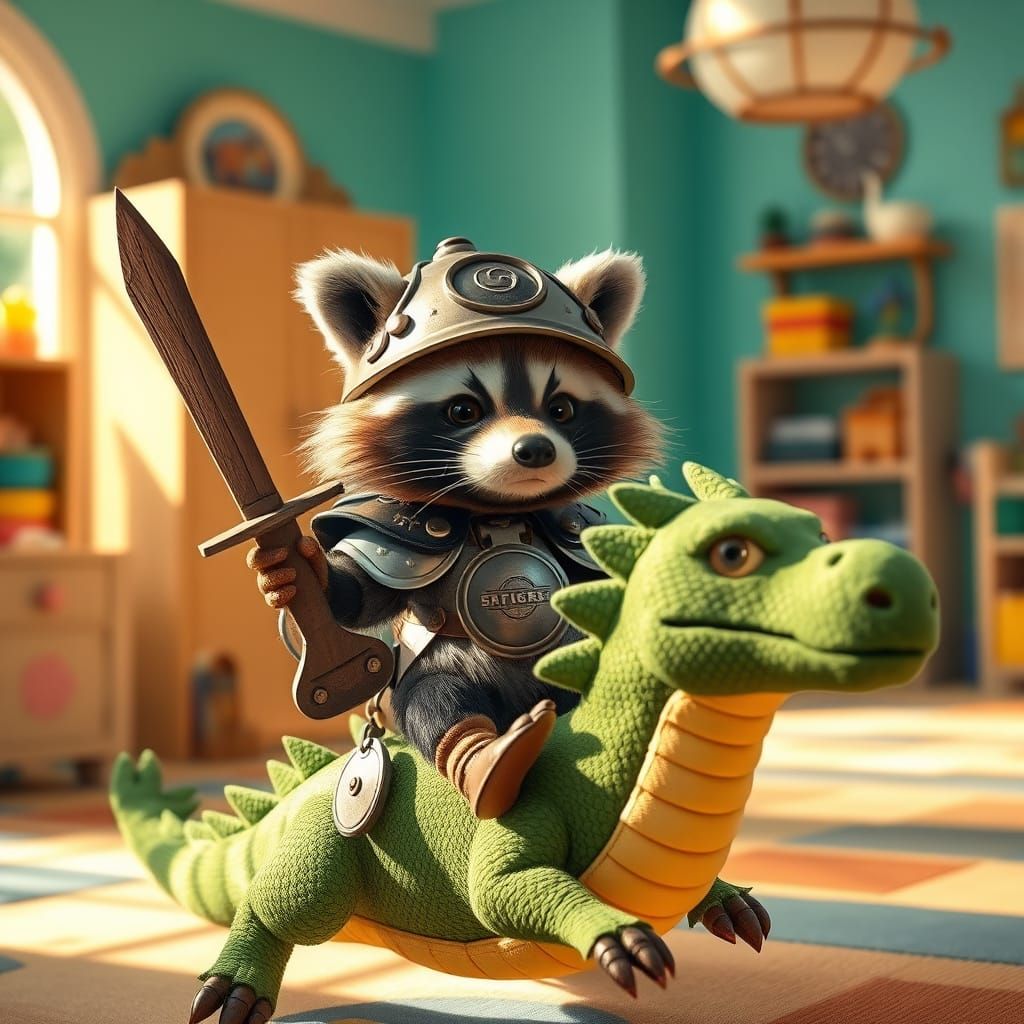 Whimsical Raccoon and Dragon in Vibrant Playroom Scene
