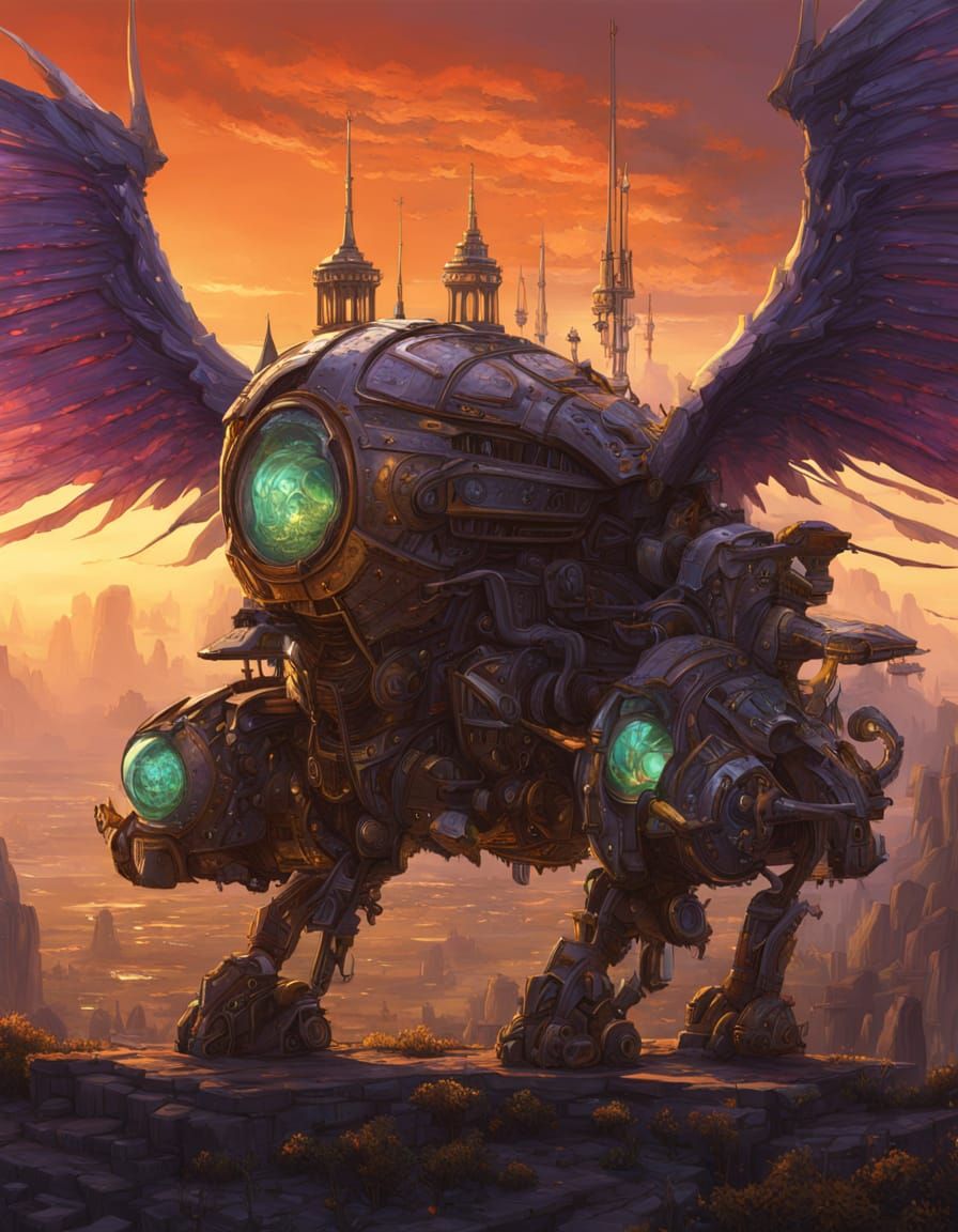 Steampunk Cyberpunk Robot with Stained Glass Wings